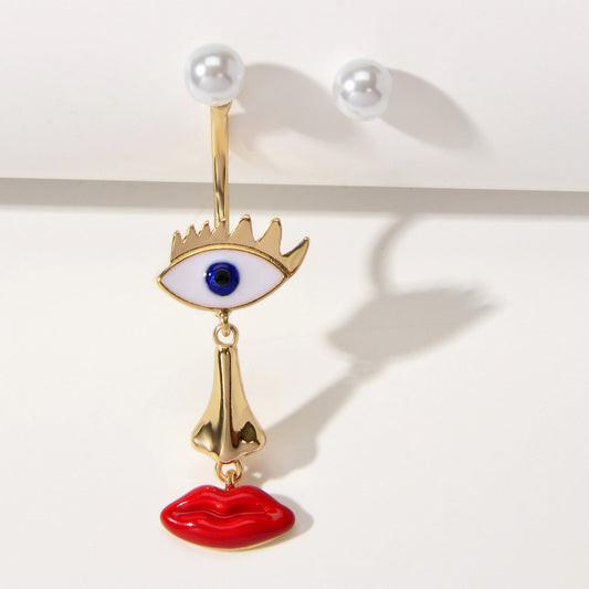 Grunge Rock Asymmetrical Eye Nose Red Lips Funny Weird Face Pearl Stud Earrings