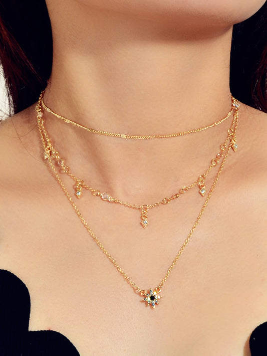 Awesome Teens Jewellery Gift Gold Layered Chain Rhinestone Flower Charm Necklace