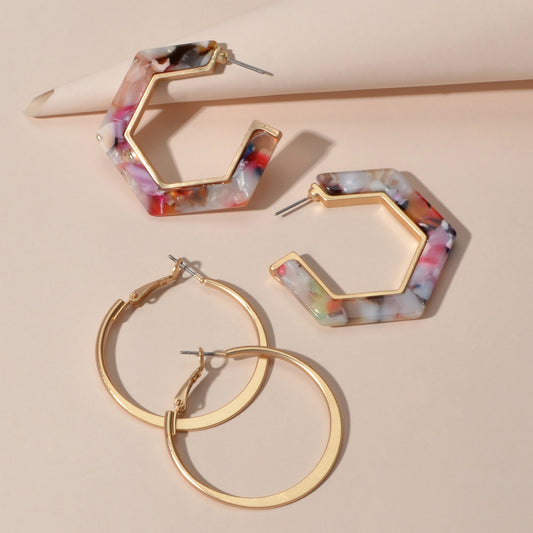 Boho Chic 2 pairs Multicolor Acrylic Square Circle Party Hoop Earrings set Gift