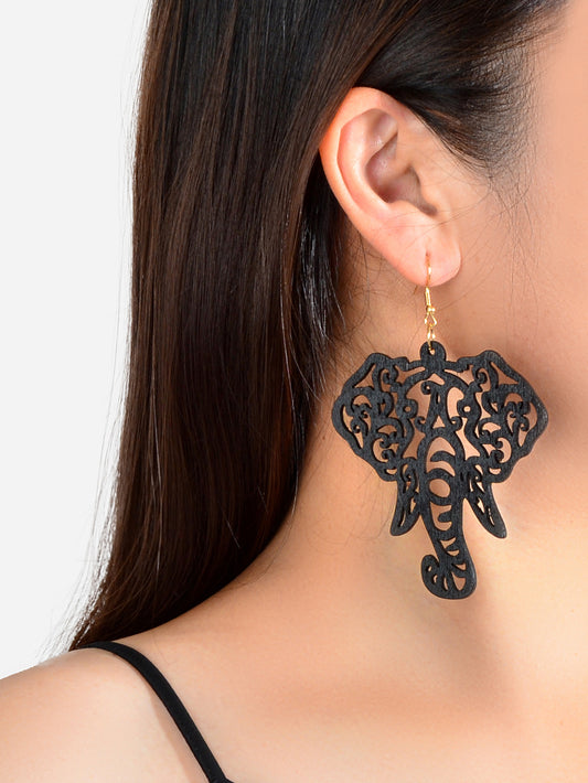 American Jewellery Indian Black Hollow Wood Elephant Big Ethnic Dangle Earrings