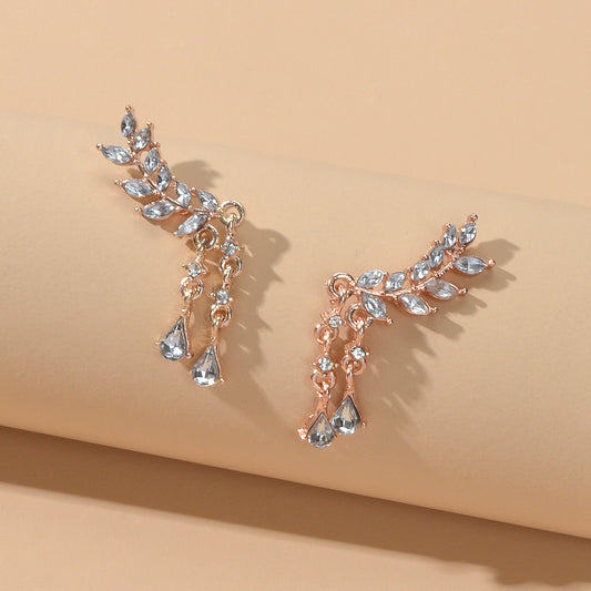 Luxurious Full Rhinestone Gold Silver Water Drop Wing Shape Earrings for Wedding