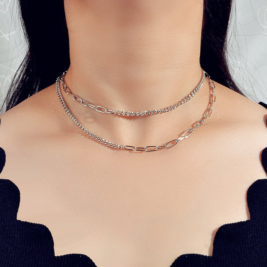 Punk Jewelry Silver Double layer Chain Necklace Wholesale Price Women Accessory