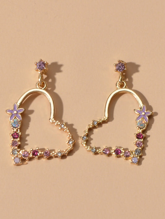 Good Quality Rhinestone Flower Gold Heart Drop Earrings Girl Fashion Accessories