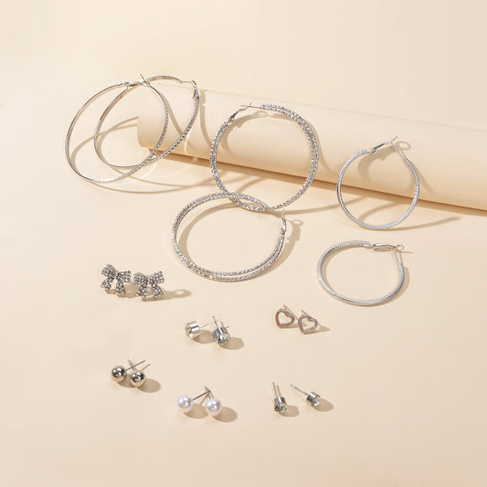 9 pairs Earrings set Rhinstone Ball Pearl Heart Bow Stud Gold Silver Hoop Jewelry