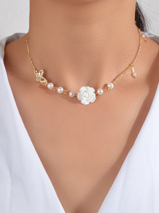 Luxurious Gold Chain Rhinestone Pearl Butterfly White Flower Collar Necklace
