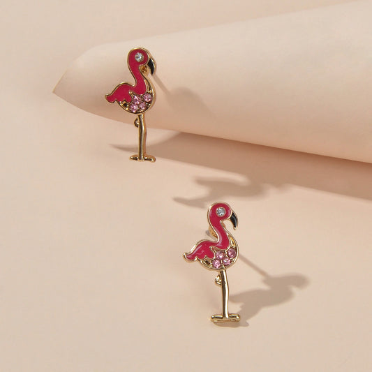 Pink Rhinestone Enamel Flamingo Bird Stud Earrings Sensitive Ears Dainty Gift