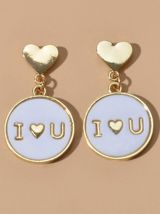Ladies Jewellery Gold Heart I LOVE YOU Round Dangle Earrings Women Dainty Gifts