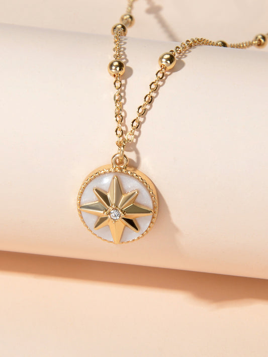 Unique Design Gold Chain Star Pattern Round Pendant Necklace Girl Birthday Gifts