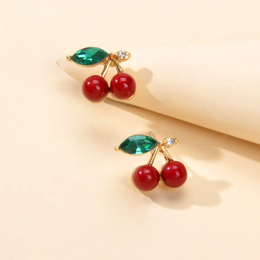 Lovely Fruit Jewellery Green Crystal Leaf Red Beads Stud Elegant Cherry Earrings