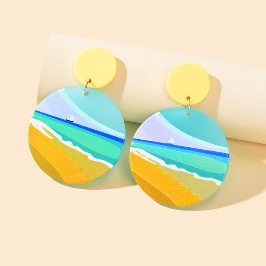 Summer Beach Vacation Jewelry Bohemian Resin Beach Pattern Round Dangle Earrings