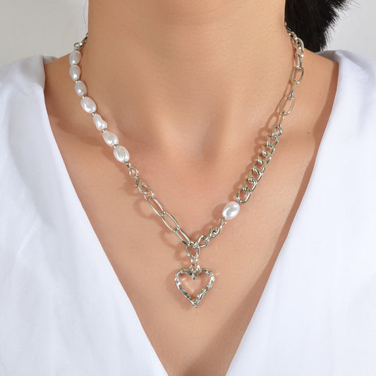 Party Decoration Retro Punk Silver Chain Pearl Heart Pendant Women Necklace Gift