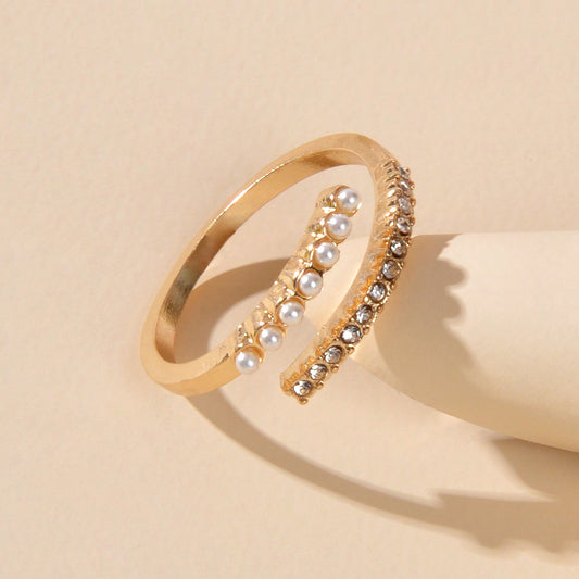 Anniversary Wedding Jewelry Band Women Rhinestone Pearl Gold Finger Circle Ring