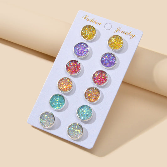 6 Pairs Mixed Candy Colour Acrylic Shiny Round Small Stud Piercing Earrings set