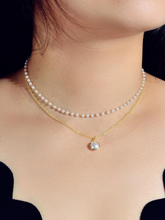 Retro Gold Double layer Chain Pearl Pendant Necklace Anniversary Wedding Gift