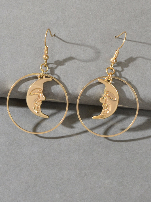 Gold Circle Moon Charm Dangle Earrings Minimalist Party Accessories Jewellery