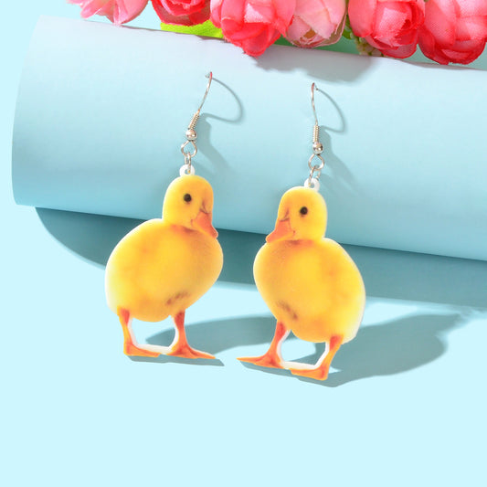 Yellow Acrylic Dangle Kawaii Funky Duckling Earrings Lovely Baby Duck Jewellery