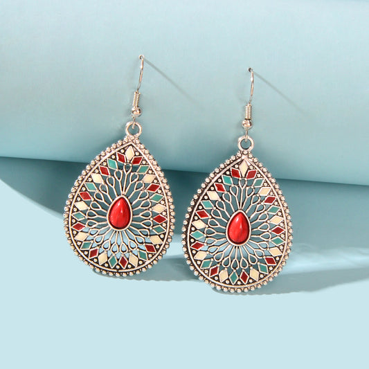 National Style Water Drop Bohemian Vintage Geometric Hollow out Dangle Earrings
