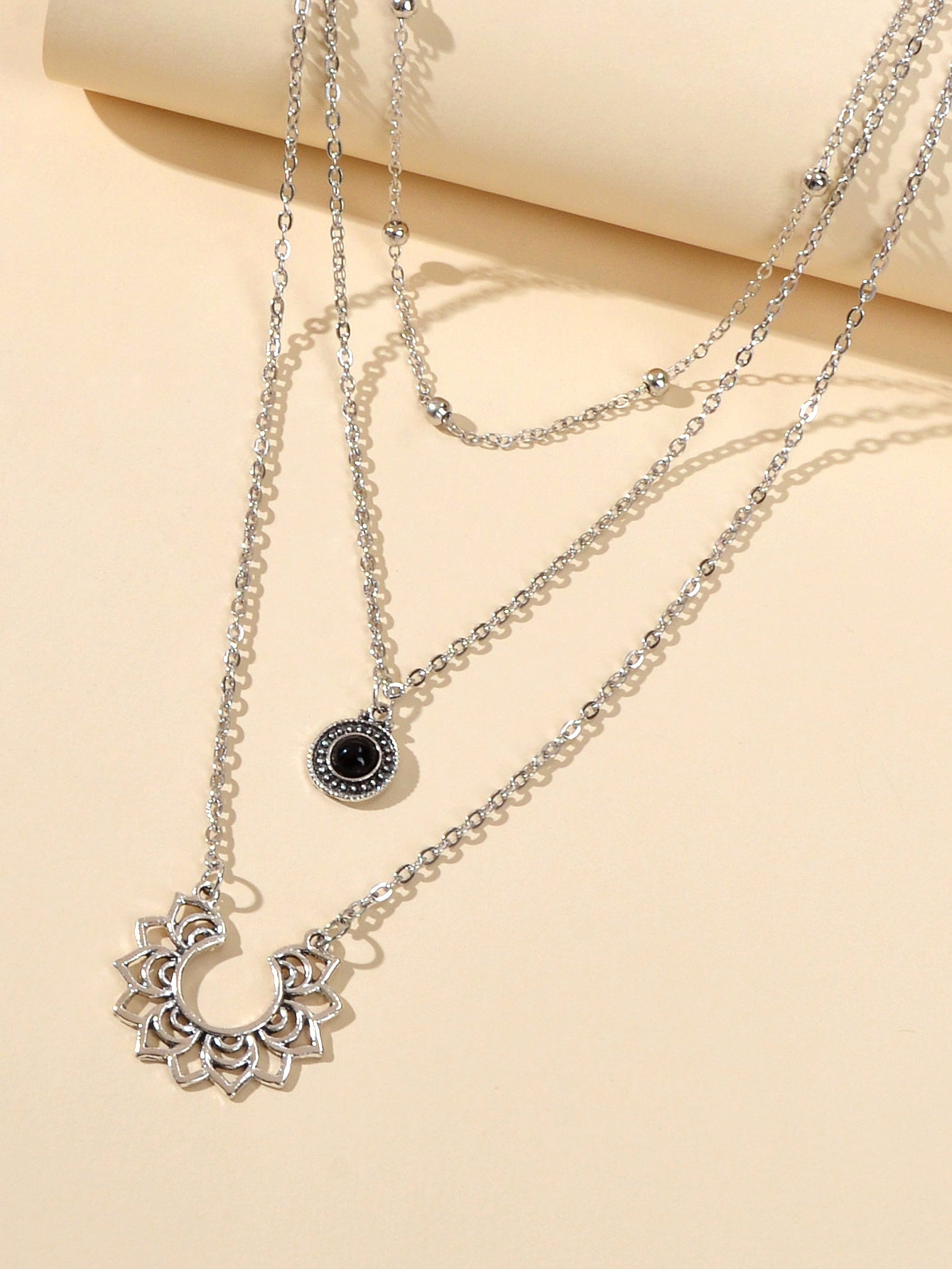 Tribal Ethnic Silver Multi-layer Chain Black Beads Geometric Pendant Necklace