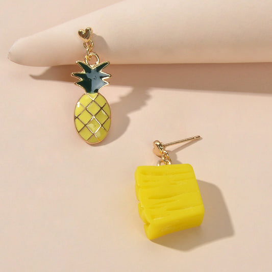 Creative Enamel Yellow Resin Pineapple Asymmetric Fruit Pierced Earrings Gift