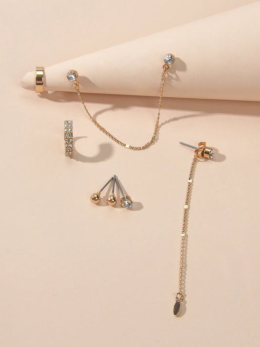 7pcs Unique Jewellery Rhinestone Gold Chain Long Pendant Earrings Stud Ear Cuff