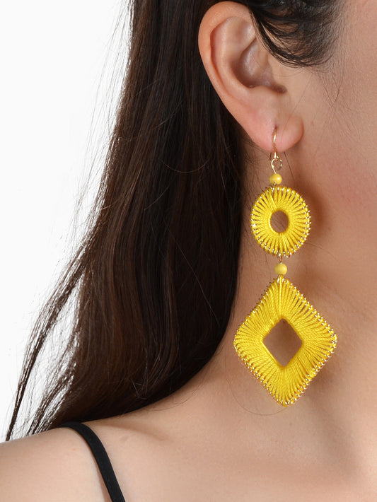 Ethnic India Jewelry Yellow Rope Braided Handmade Round Square Bohemian Earrings