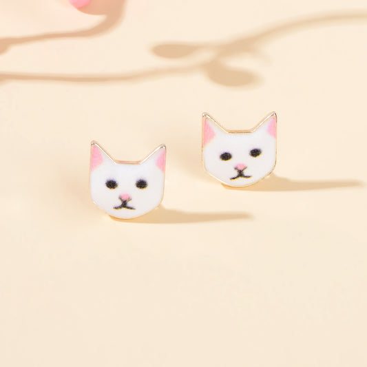 Funny White Enamel Cartoon Cat Stud Pierced Earrings Girls Animal Jewellery Gift