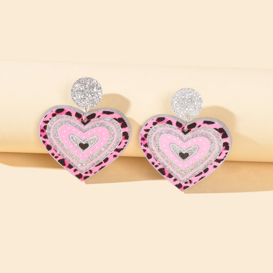Acrylic Pink Leopard Heart Hanging Resin Chunky Earrings for Party or Vacation