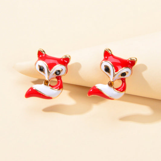 Cute White Red Enamel Fox Stud Earrings Animal Birthday Jewellery Gift for Women