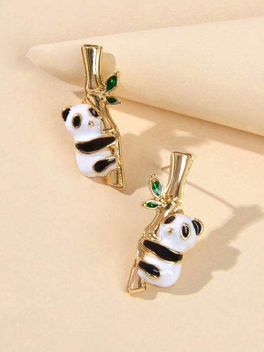 Lovely Gold Bamboo White Black Enamel Panda Stud Earrings Dainty Women Girl Gift