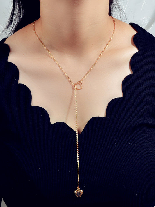 Minimalist Gold Chain Heart Lock Y Lariat Necklace Trendy Women Teens Jewellery