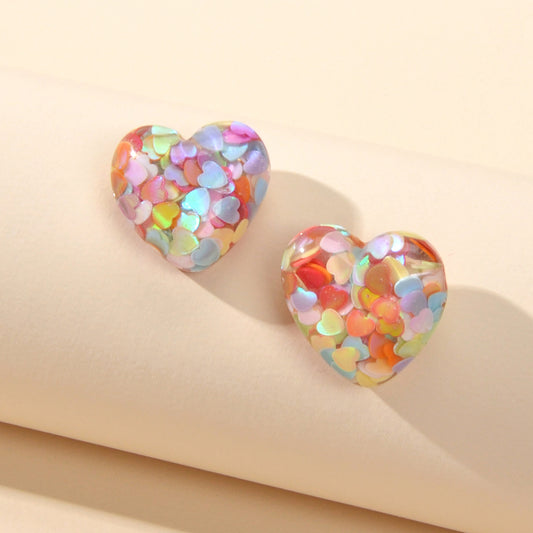 Love Heart Handmade Sparkle Glitter Stud Sequins Pierced Earrings Resin Jewelry