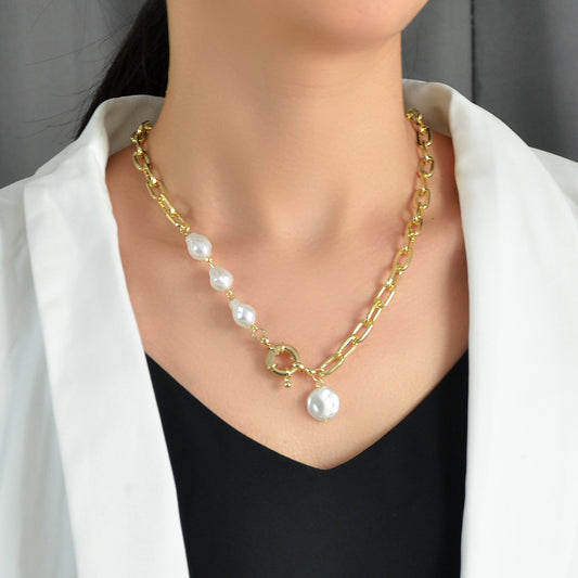 Statement Thick Pearl Decor Gold Chain Collar Necklace Women Party Decoration