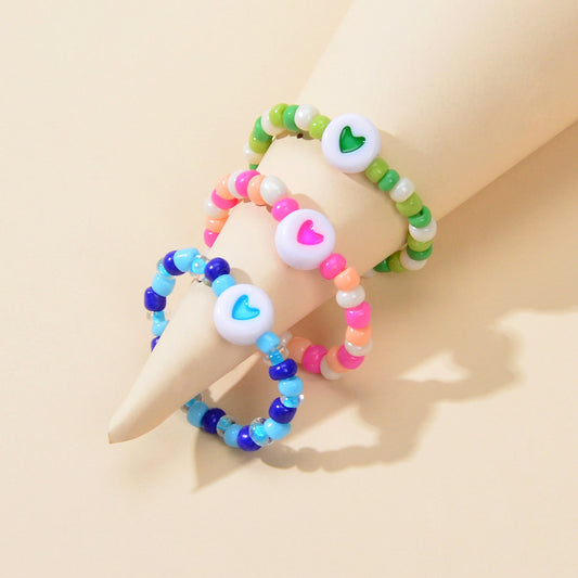 3pcs Colorful Bead Elastic Heart Pattern Multiple Stackable Midi Finger Ring Set