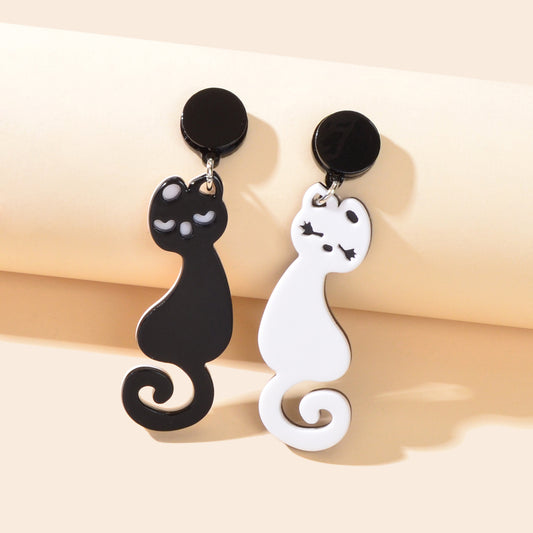 Lovely Asymmetrical White Black Acrylic Lovers Cat Creative Earrings Animal Stud