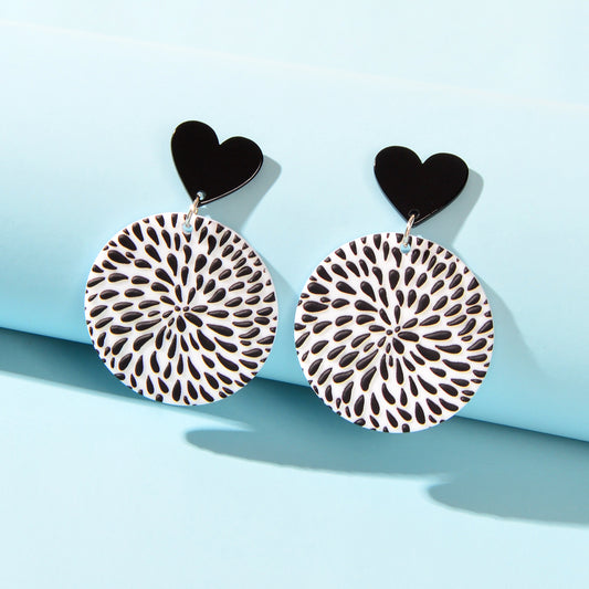 Boho Retro White Black Geometric Pattern Heart Round Acrylic Holiday Earrings