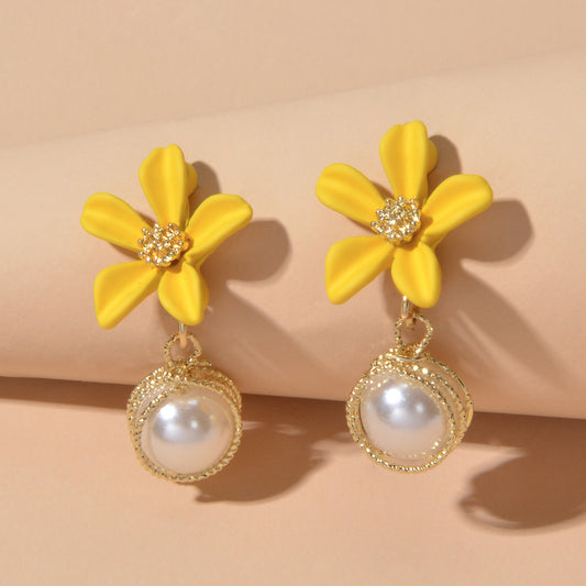 Textured Jewellery Pearl Decor Yellow Flower Drop Pierced Earring Dainty Gifts