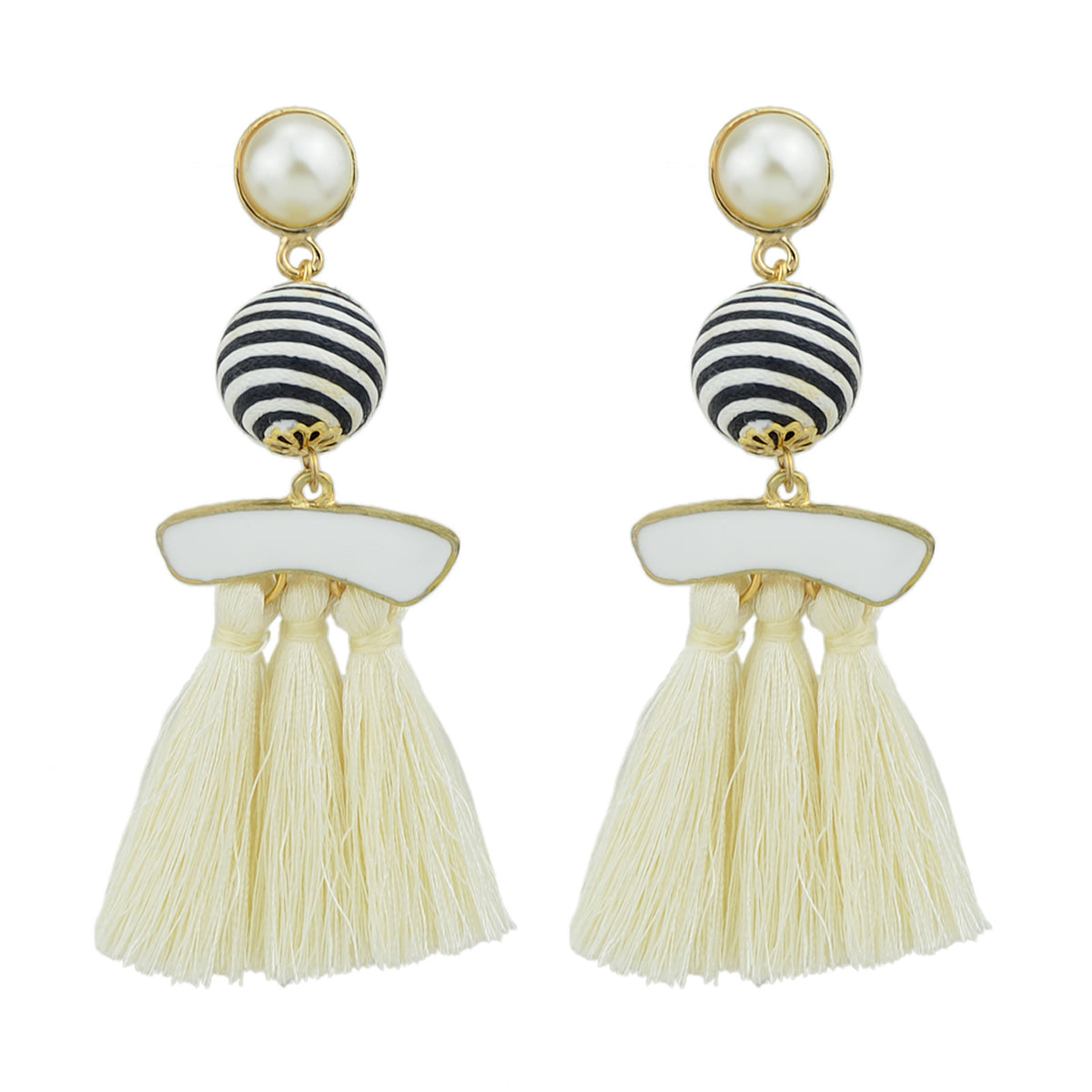 Bohemian Jewellery Ball Black Beige Tassel Dangle Traditional Ethnic Earrings