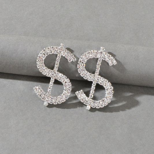 Sparkling Full Rhinestone Decoration Silver Dollar Sign Stud Earrings Lady Gift