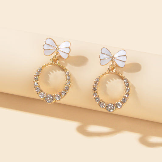Women Teen Girls White Enamel Bow Rhinestone Circle Stud Lightweight Earrings