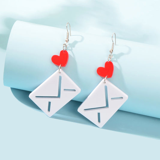 Funny Cute Red Heart White Envelope Acrylic Hook Earrings Costume Accessory Gift