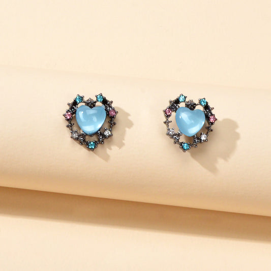 Retro Colorful Rhinestone Blue Opal Heart Love Gift Stud Earrings Female Jewelry