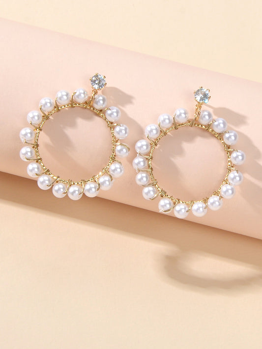 Retro Textured Jewelry Faux Pearl Decor Circle Dangle Earrings for Wedding Party