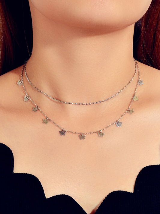 Minimalist Silver Double layer Chain Butterfly Collar Necklace Female Jewellery