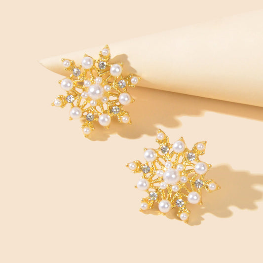 Pearl Rhinestone Gold Snowflake Stud Earrings Women Christmas Party Decoration