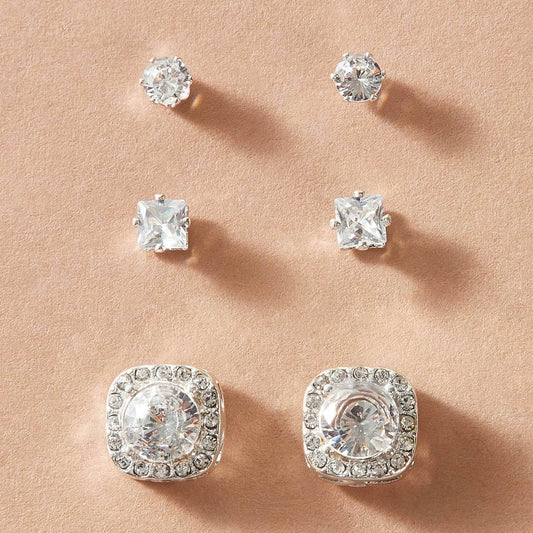 3 pairs Luxury Cubic Zirconia Round Square Stud Earrings Wedding Engagement Gift