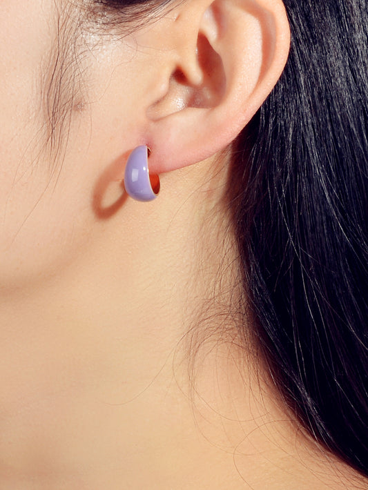 Female Retro Purple Enamel Cute Half Hypoallergenic Hoop Huggie Stud Earrings