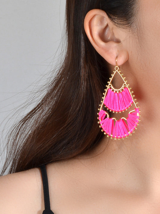 Indian Traditional Handmade Braided Beige Hotpink Ethnic Water Drop Earrings