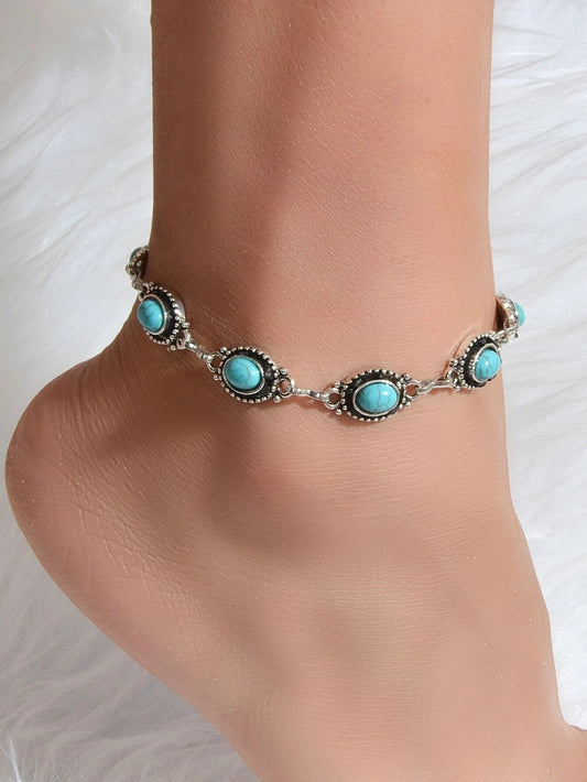Vintage Boho Chic Tribal Ethnic Antique Silver Turquoise Anklet Foot Jewellery
