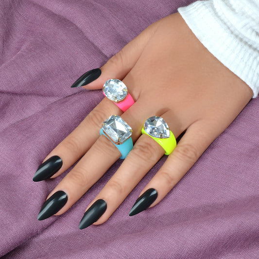 3 pcs Party Rhinestone Decor Candy Color Resin Chunky Stackable Multiple Rings