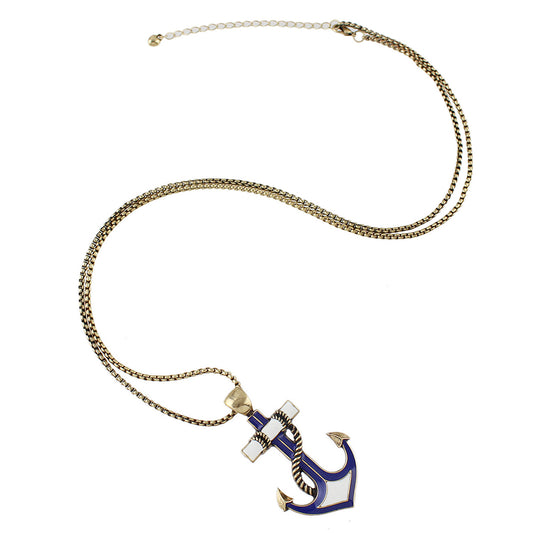 Nautical Jewelry Long Chain White Blue Anchor Pendant Necklace Ocean Accessories
